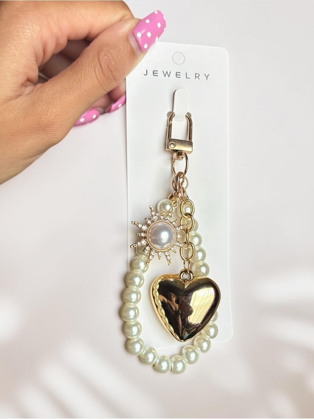 Gold Heart & Sun Charm Pearl Bag Charm